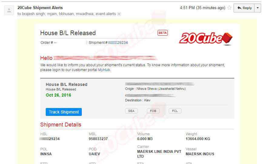 Screenshot of 20cube Shipment Alerts including Shipment & Tracking Details using MyHub Application