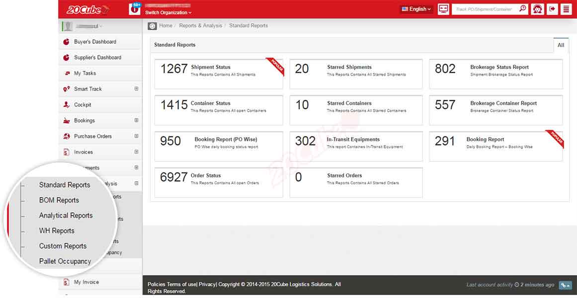 Standard shipment reports dashboard by 20Cube